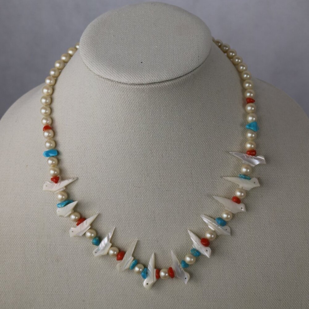 Vintage Fetish Mother of Pearl Turquoise Coral Bird Faux Pearl Necklace